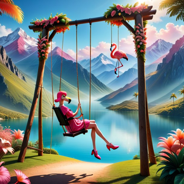 Picture of a swinging on a swing of a flamingo in the mountains