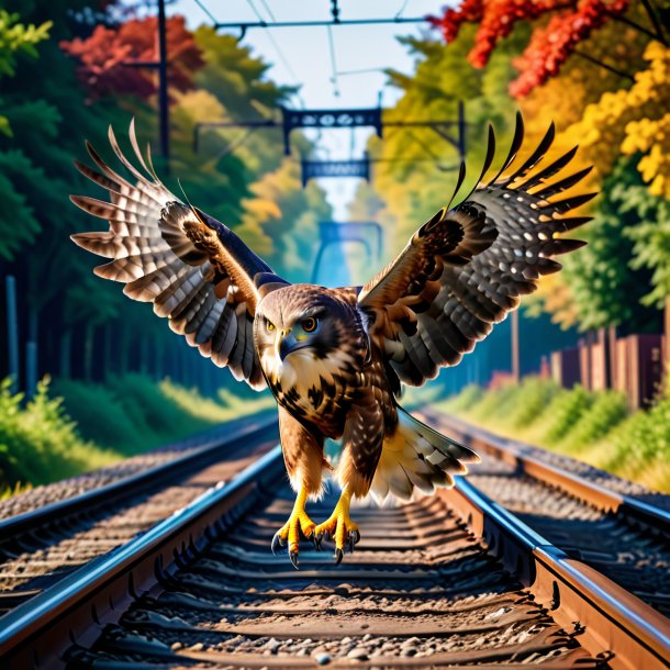 Foto de un baile de un halcón en las vías del ferrocarril