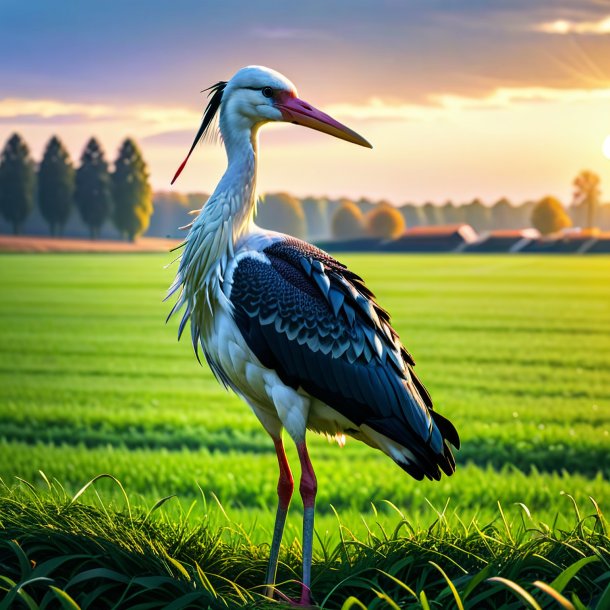 Image d'une cigogne dans un pull sur le champ