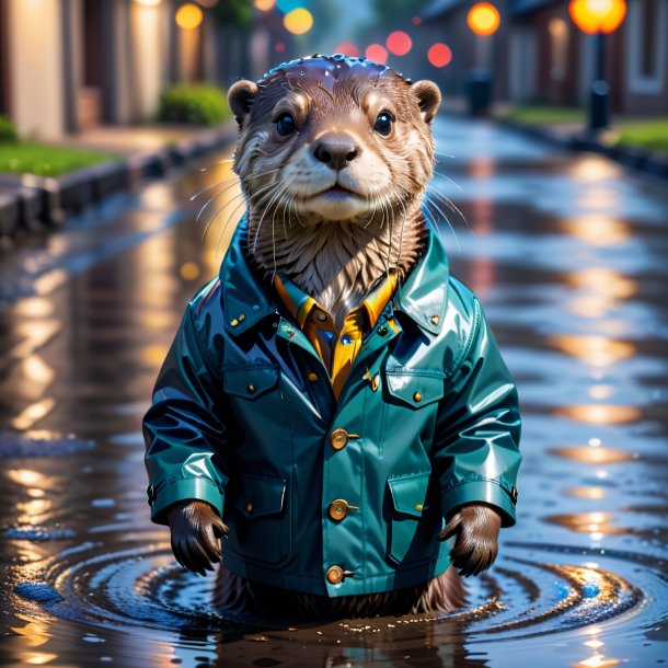 Foto de una nutria en una chaqueta en el charco