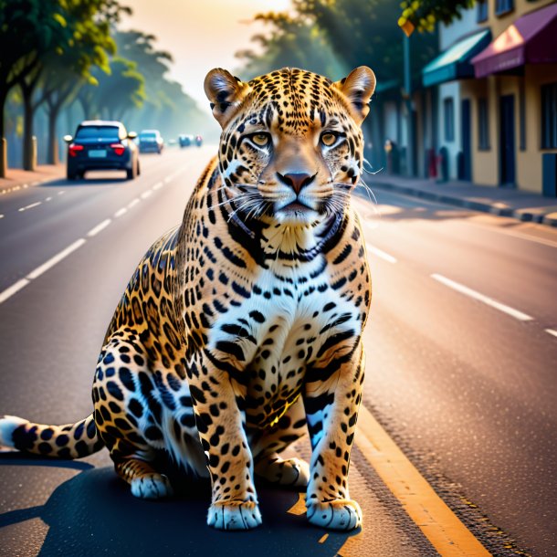 Imagem de um jaguar em um vestido na estrada