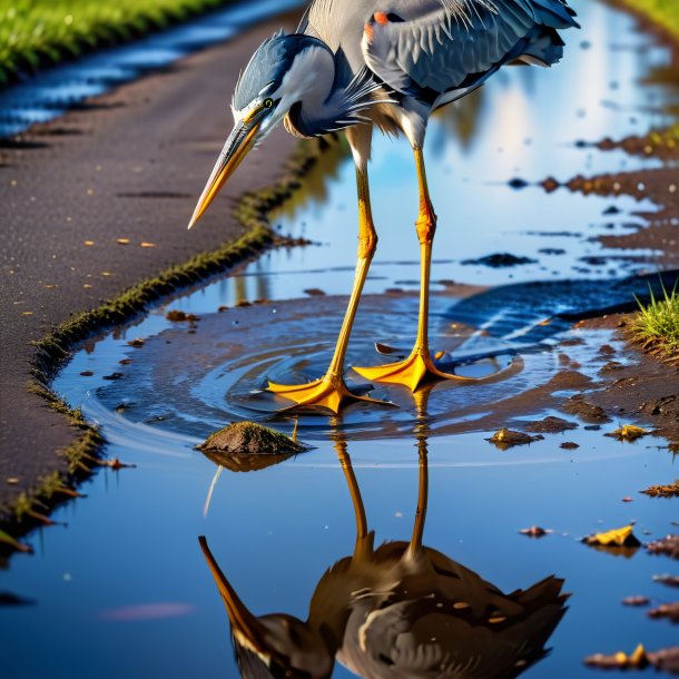 Photo of a heron in a shoes in the puddle