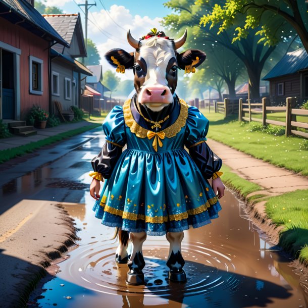 Drawing of a cow in a dress in the puddle