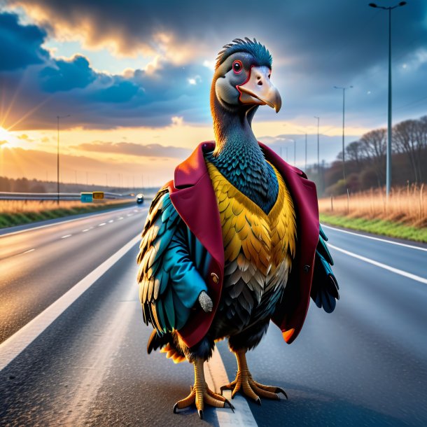 Picture of a dodo in a coat on the highway