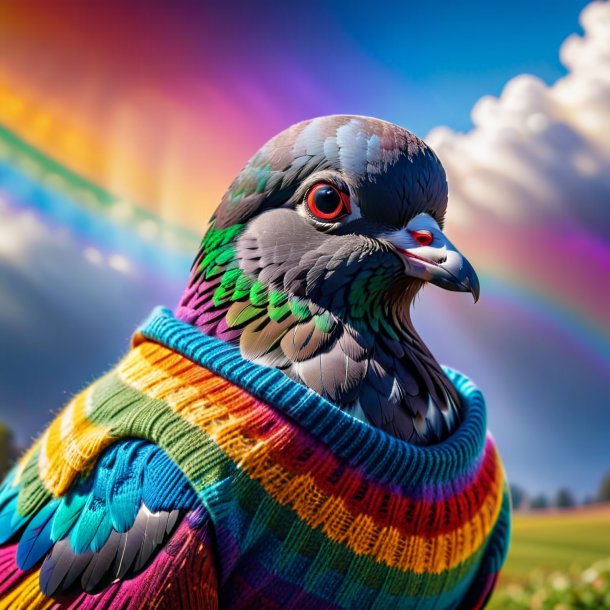 Photo d'un pigeon dans un pull sur l'arc-en-ciel