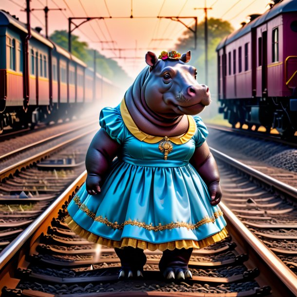 Picture of a hippopotamus in a dress on the railway tracks