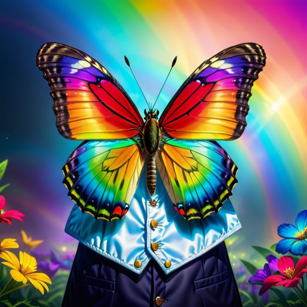 Drawing of a butterfly in a vest on the rainbow