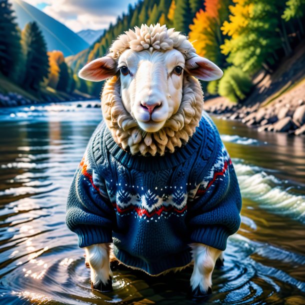 Photo of a sheep in a sweater in the river