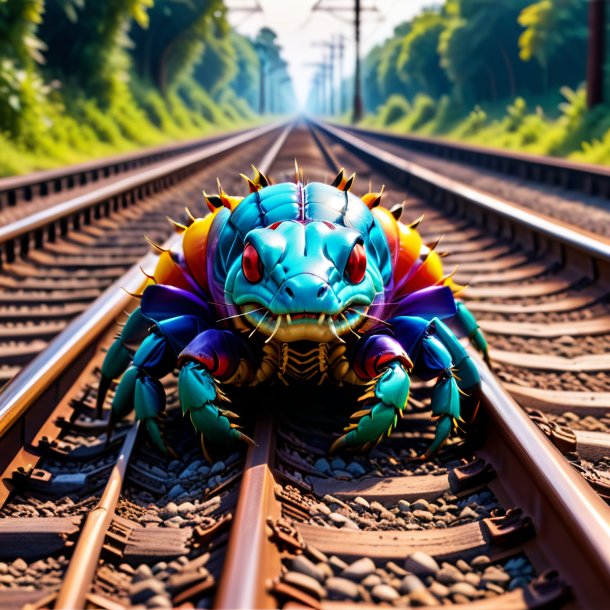 Picture of a centipede in a gloves on the railway tracks