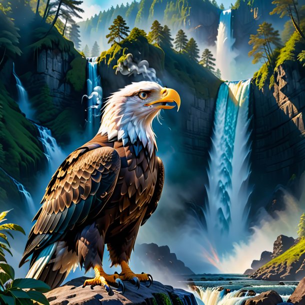 Image of a smoking of a eagle in the waterfall