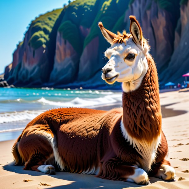 Image of a resting of a llama on the beach