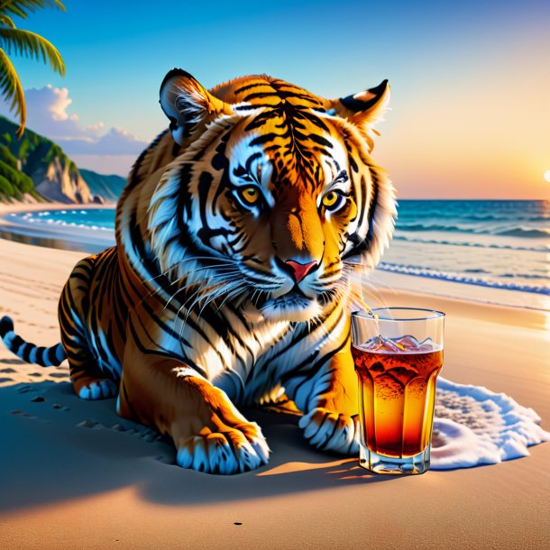 De uma bebida de um tigre na praia