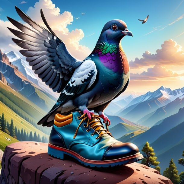 Illustration of a pigeon in a shoes in the mountains