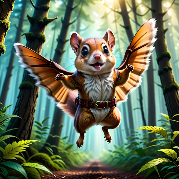 Illustration of a flying squirrel in a belt in the forest