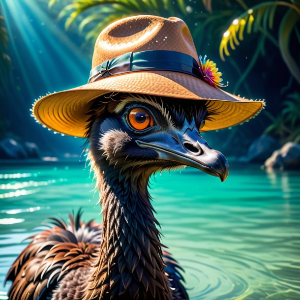 Illustration of a emu in a hat in the water