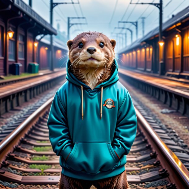 De uma lontra em um hoodie nos trilhos ferroviários