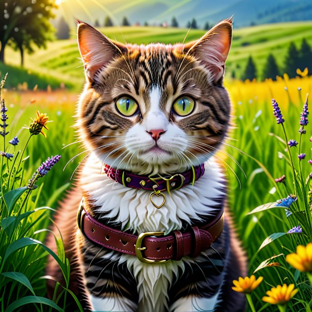 Photo of a cat in a belt in the meadow