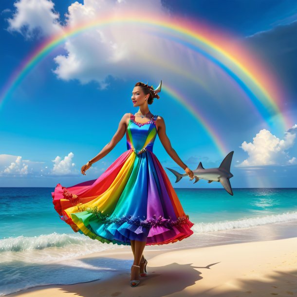 Picture of a hammerhead shark in a dress on the rainbow