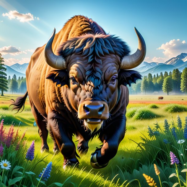 Photo of a playing of a buffalo in the meadow