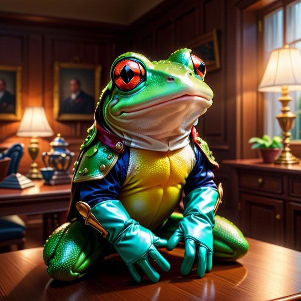 Illustration of a frog in a gloves in the house