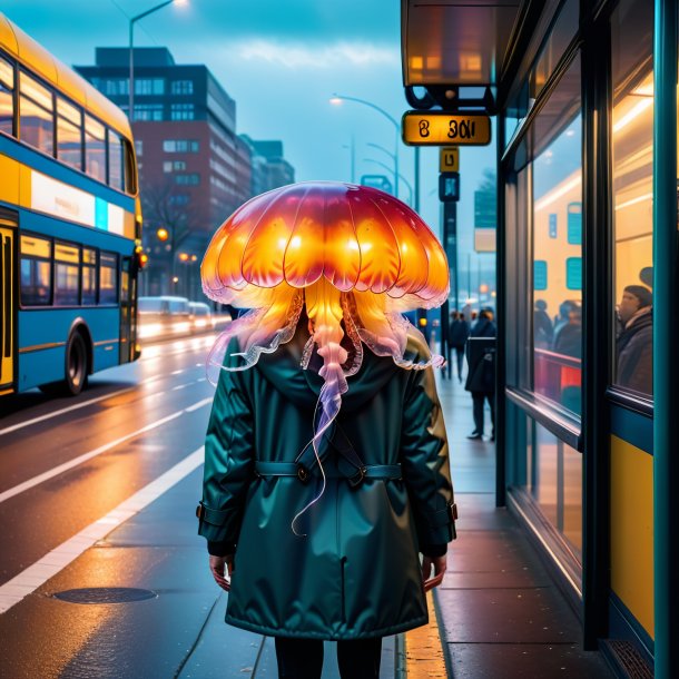 Picture of a jellyfish in a coat on the bus stop