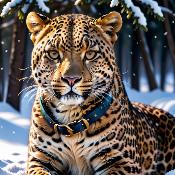 Foto de un leopardo en un cinturón en la nieve