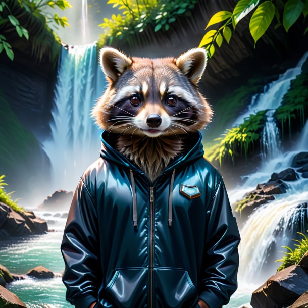 Pic of a raccoon in a hoodie in the waterfall