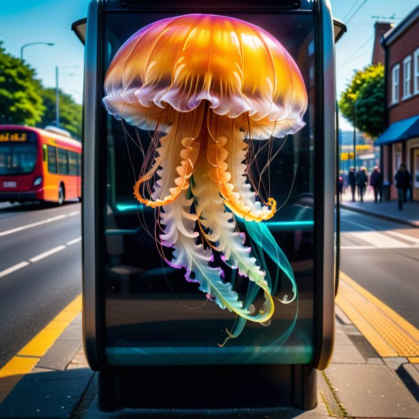 Imagem de uma água-viva em um colete no ponto de ônibus