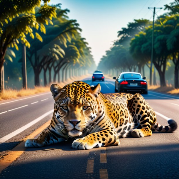 Foto de un descanso de un jaguar en el camino