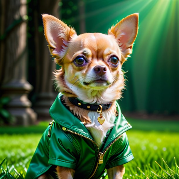 Foto de um chihuahua em um casaco verde