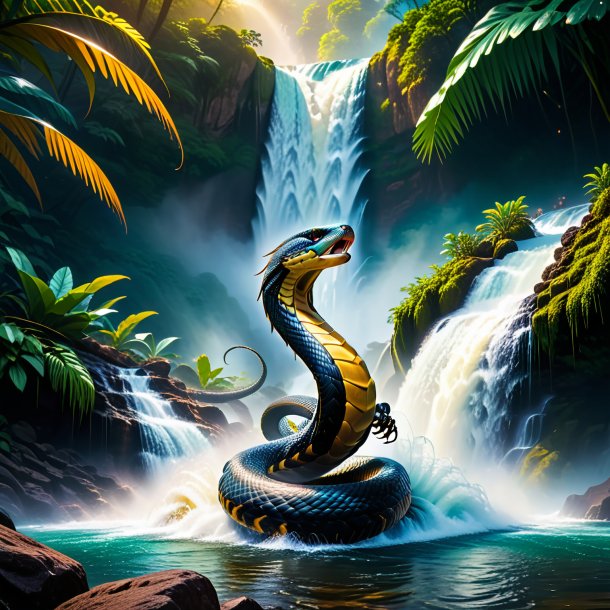 Photo of a dancing of a cobra in the waterfall