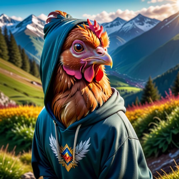 Photo of a hen in a hoodie in the mountains