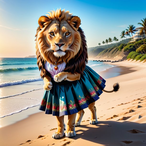 Pic d'un lion dans une jupe sur la plage