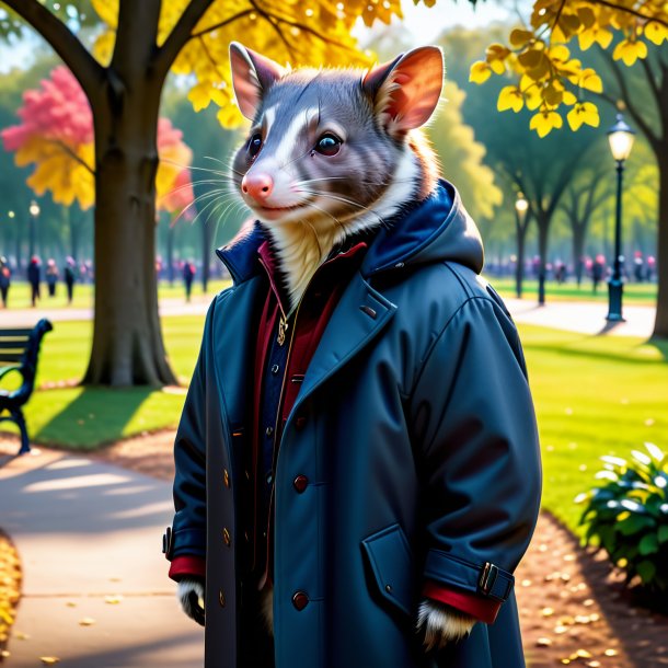 Picture of a possum in a coat in the park