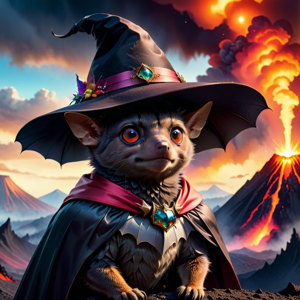 Picture of a bat in a hat in the volcano