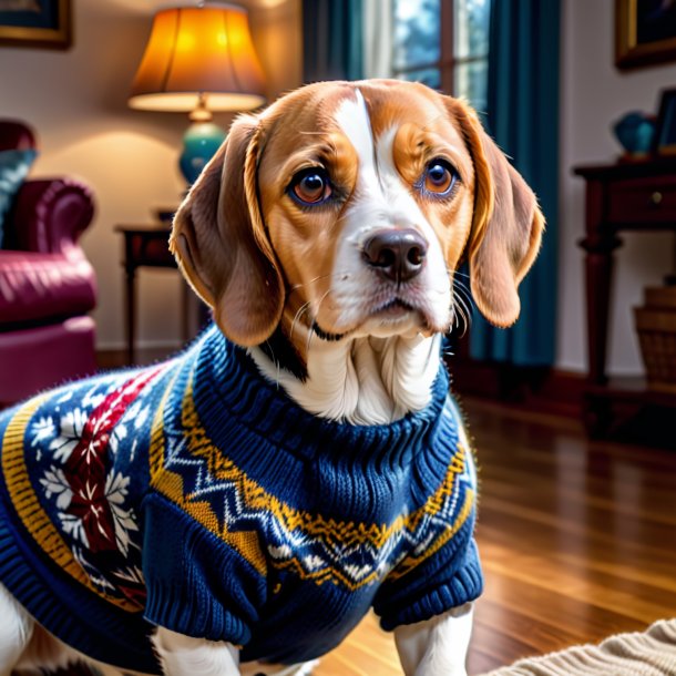 Picture of a beagle in a sweater in the house