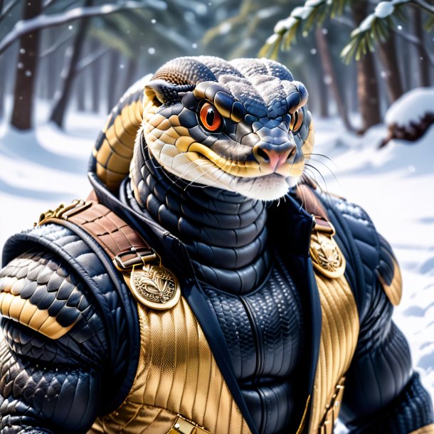 Image of a king cobra in a vest in the snow