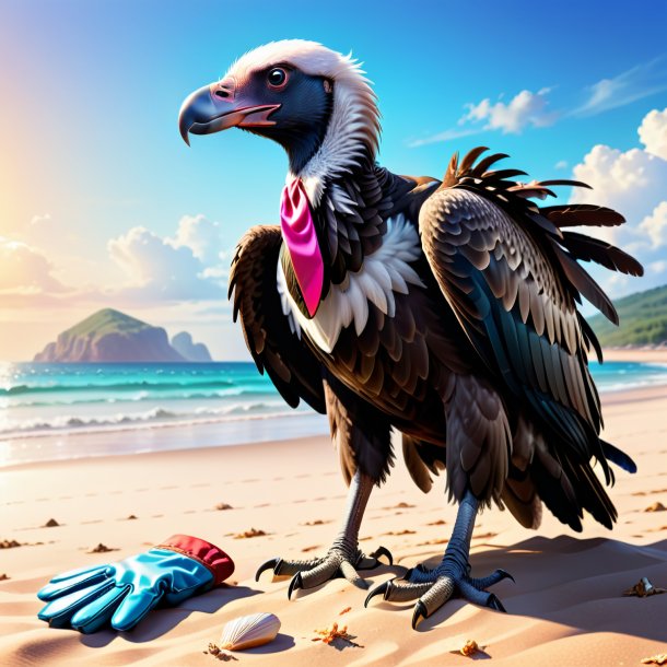 Illustration of a vulture in a gloves on the beach