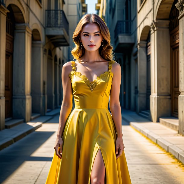 Portrait of a yellow dress from concrete