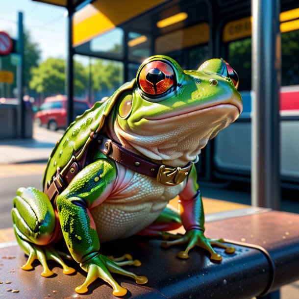 Picture of a frog in a belt on the bus stop