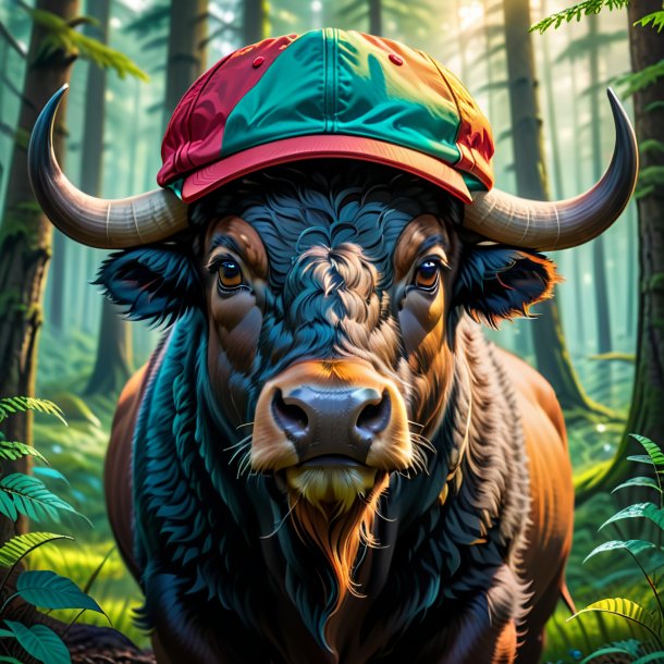 Dessin d'un bison dans une casquette dans la forêt