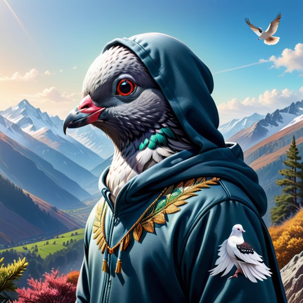 Drawing of a pigeon in a hoodie in the mountains