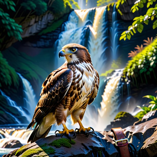 Foto de um falcão em um cinto na cachoeira