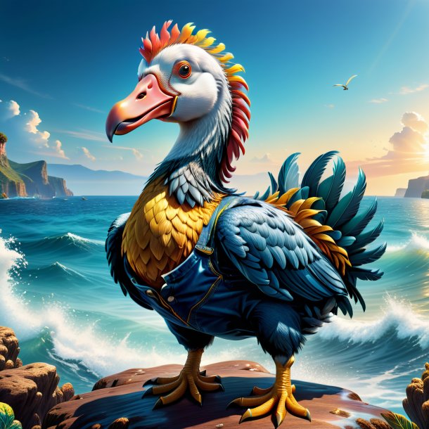 Illustration of a dodo in a jeans in the sea