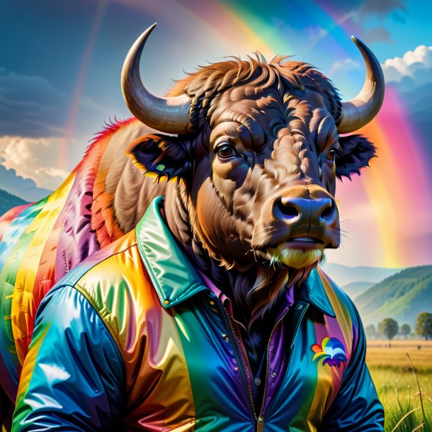 Image d'un bison dans une veste sur l'arc-en-ciel