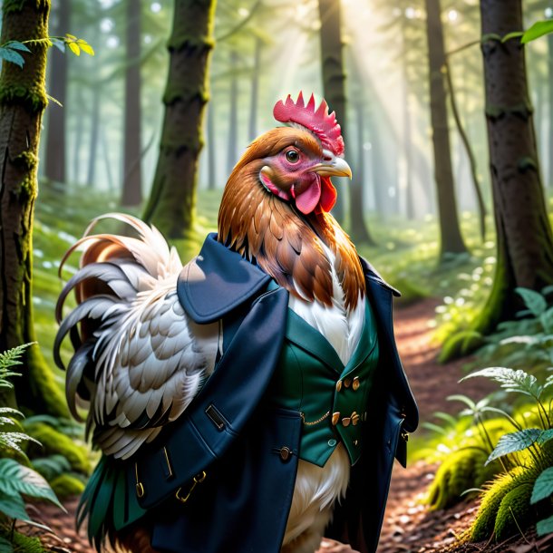 Foto de una gallina en un abrigo en el bosque