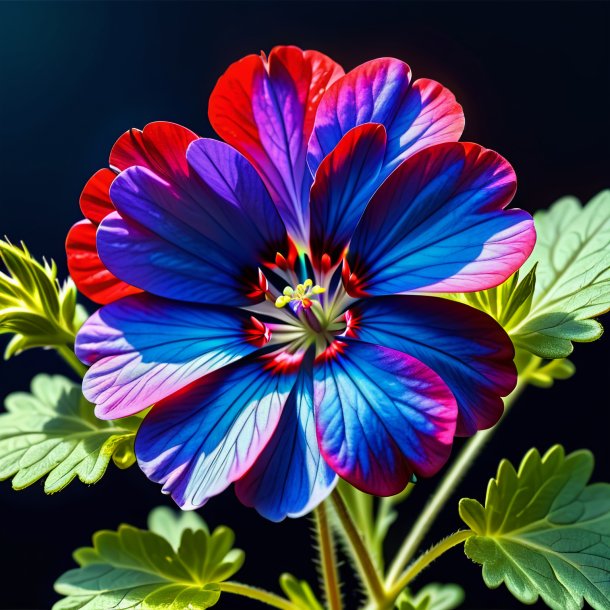 "drawing of a blue geranium, scarlet"