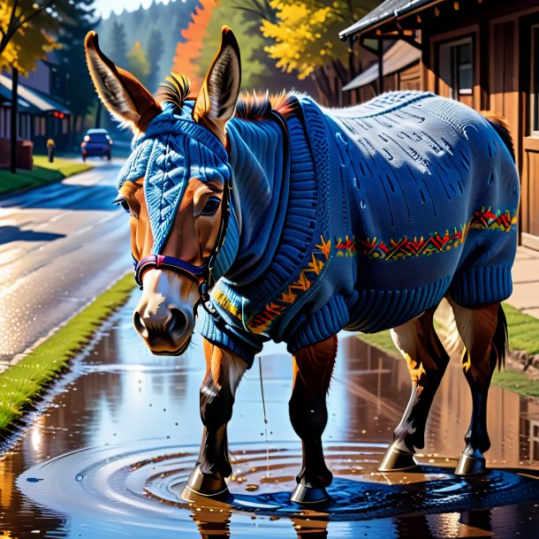 Drawing of a mule in a sweater in the puddle