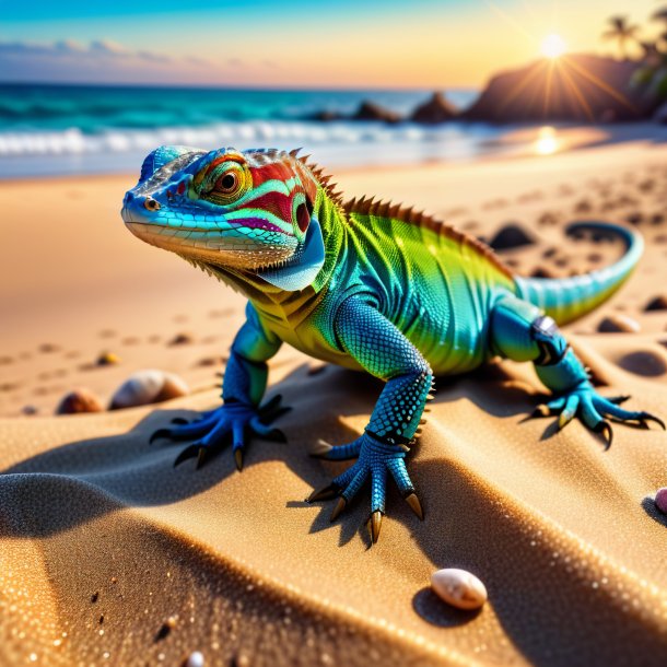 Pic d'un lézard dans un gants sur la plage