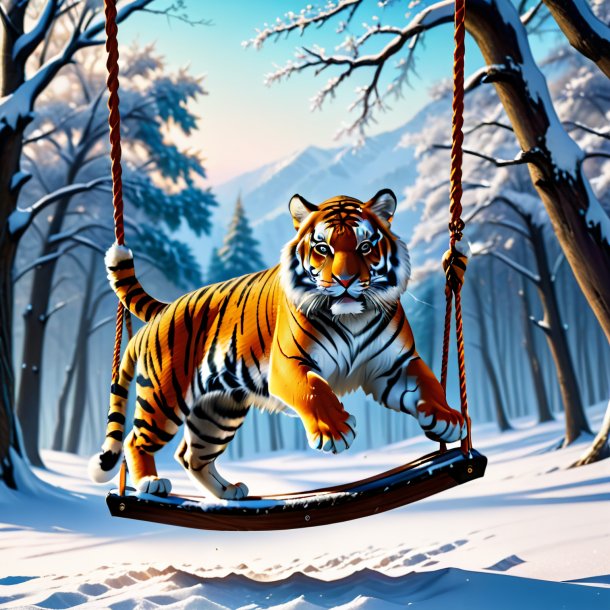 Picture of a swinging on a swing of a tiger in the snow